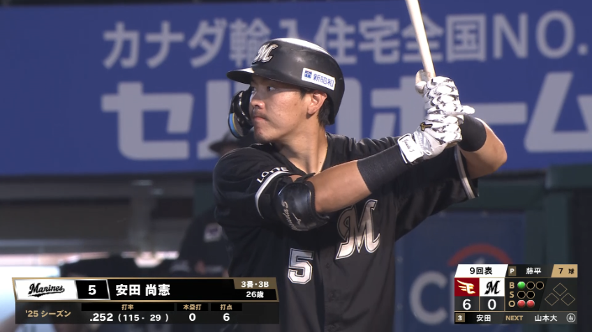 9回表・M安田尚憲 9回2アウトから一二塁間を破るヒットを放つ!!