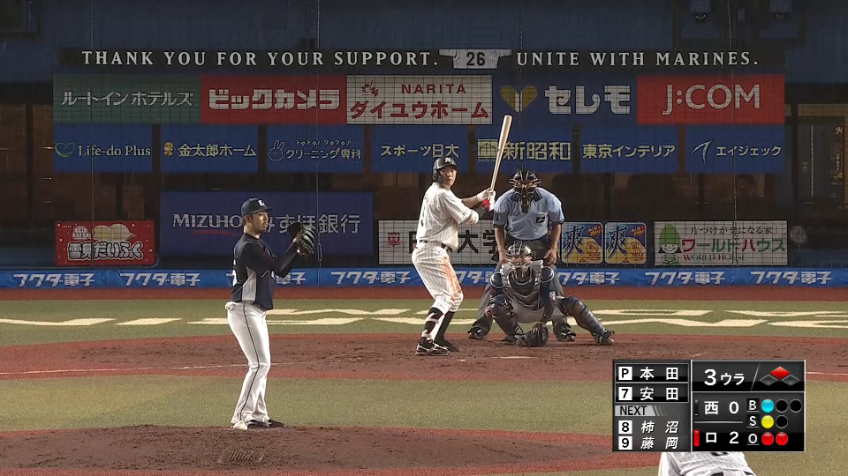 3回裏・M安田 2打席連続のタイムリーとなる2ベースヒット‼