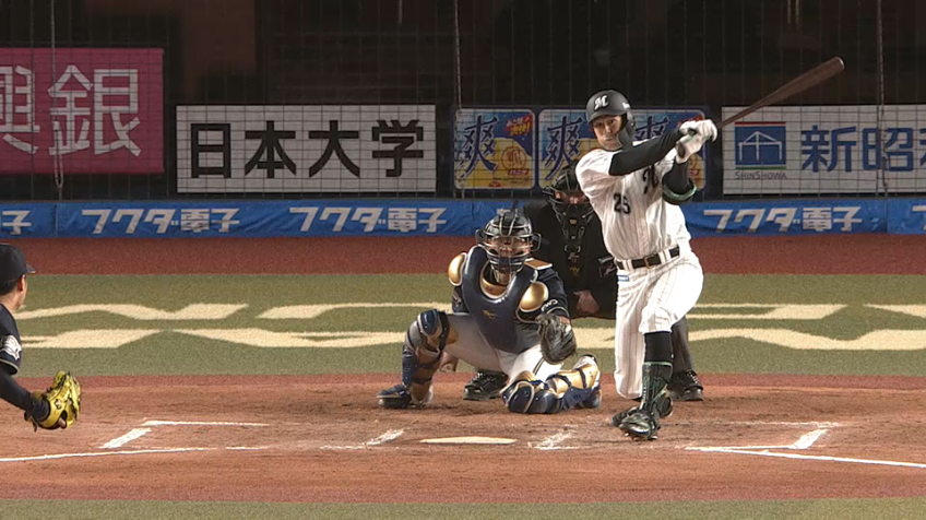 6回裏・M岡 チャンスの場面で追加点となるタイムリーヒット!! 代打起用に完璧に応えた!!