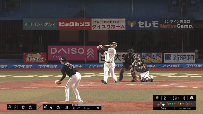 8回裏・M安田 1塁線への鋭い当たりは、本日4打点目となるタイムリーヒット!!