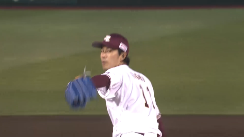 1回表・E岸 大きなカーブで空振り三振を奪う!!