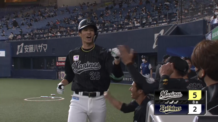 8回表・M岡 止まらない!! 今季第1号のソロホームランで追加点!!
