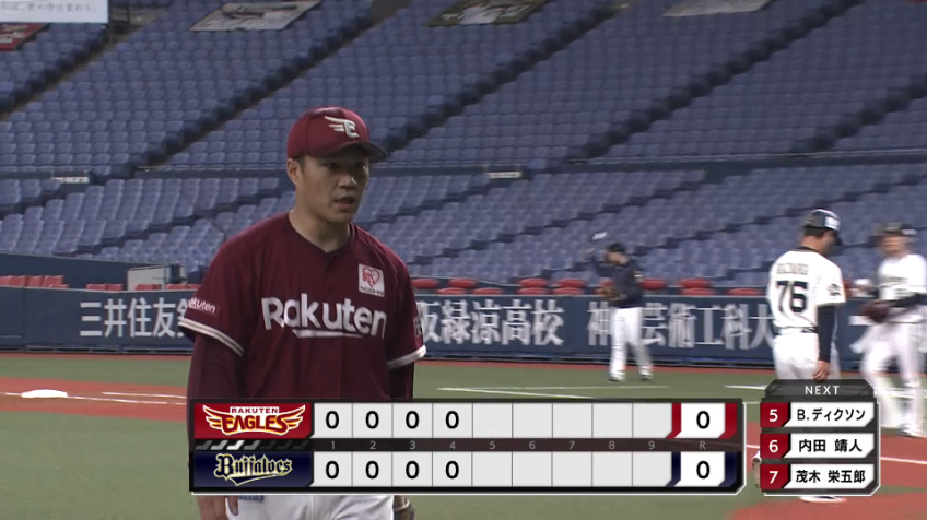 4回裏・E則本 空振り三振を奪い、クリーンアップを三者凡退に抑える!!