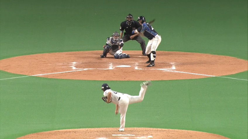 8回裏・L平良 強打者をアウトコースいっぱいの投球で見逃し三振を奪う!!