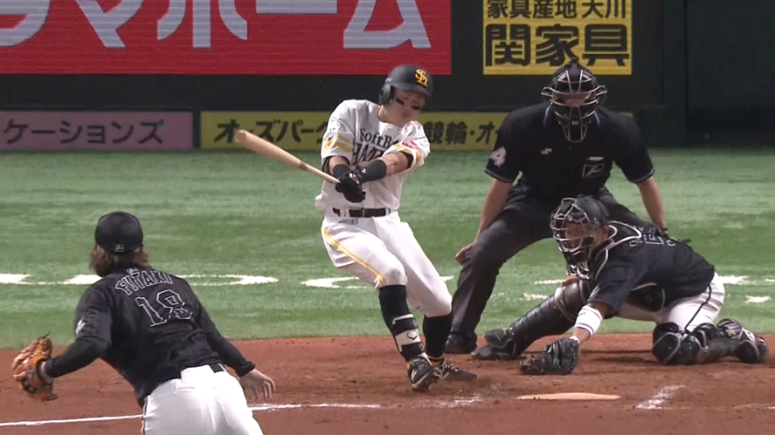 6回裏・H牧原 ライトへタイムリーヒットを放ち、1点を返す!!