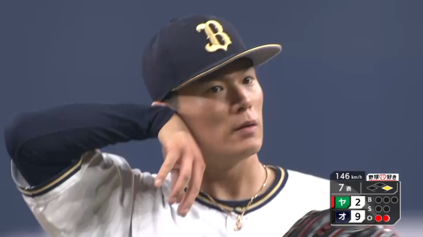 7回表・B山本 146km/hフォークで今日9つ目の奪三振!!