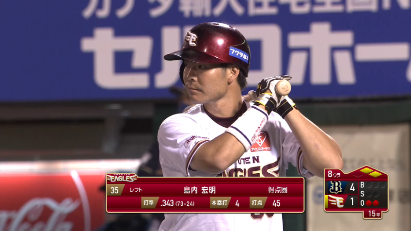 8回裏・E島内 レフトに2点タイムリー2ベースヒットを放ち点差を1点に縮める!!