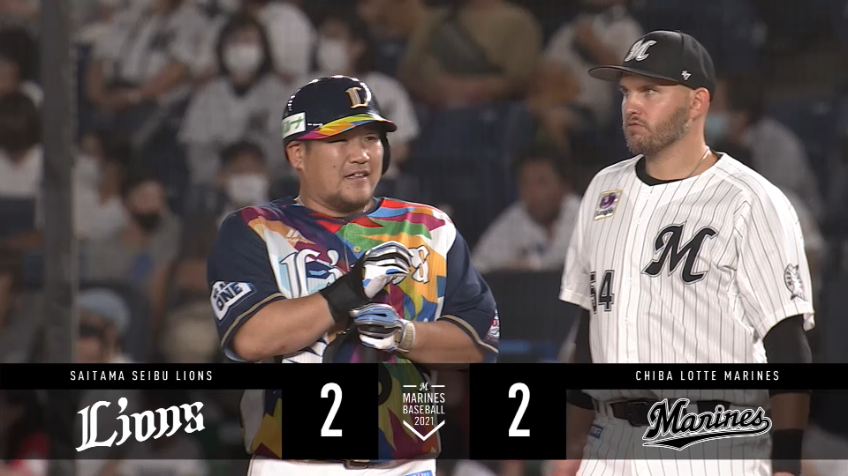 5回表・L中村 ライトフェンス直撃の同点タイムリーヒット!!