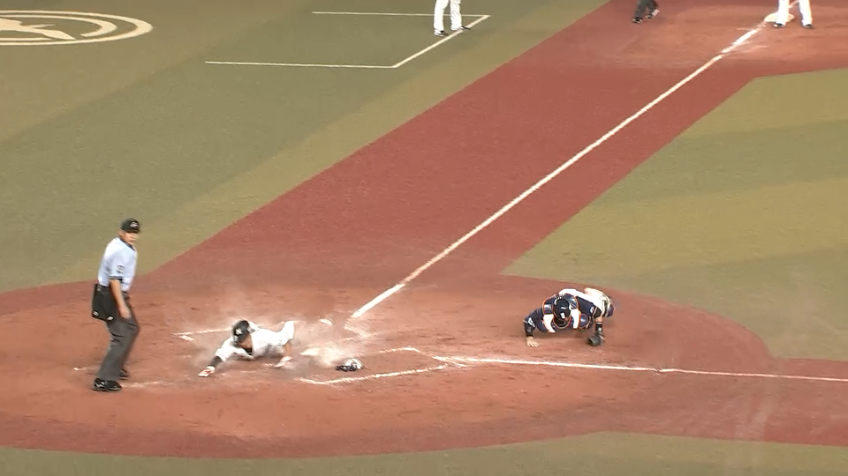 5回裏・M藤岡 気迫のヘッドスライディングで勝ち越しに成功!!