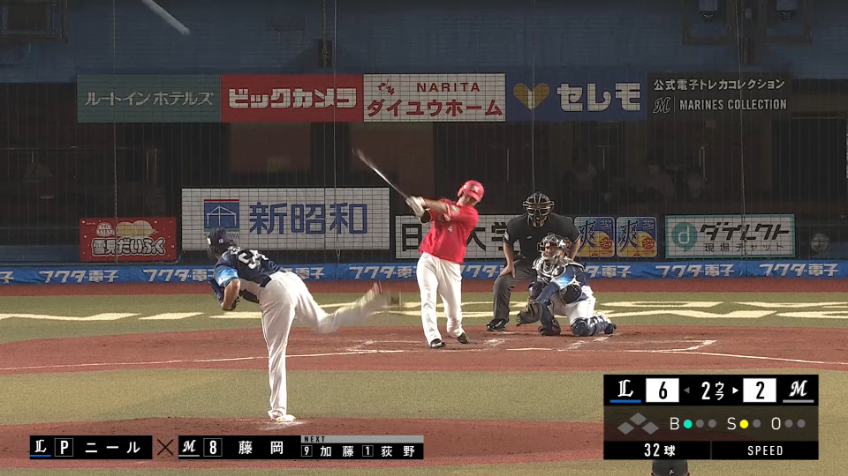 2回裏・M藤岡 ライトスタンドへソロホームランを放ち、点差を3点に縮める!!