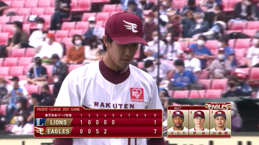 5回表・E岸 切れ味抜群の変化球でこの試合5つ目の三振を奪う!!
