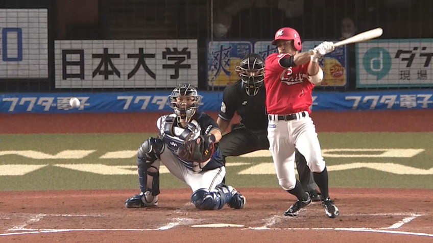 3回裏・M荻野貴 二遊間をしぶとく破るタイムリーヒットで先制!!