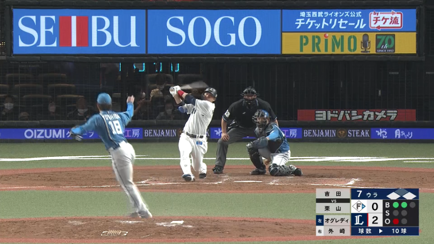 7回裏・L栗山巧 レフトへの犠牲フライで追加点をあげる!!