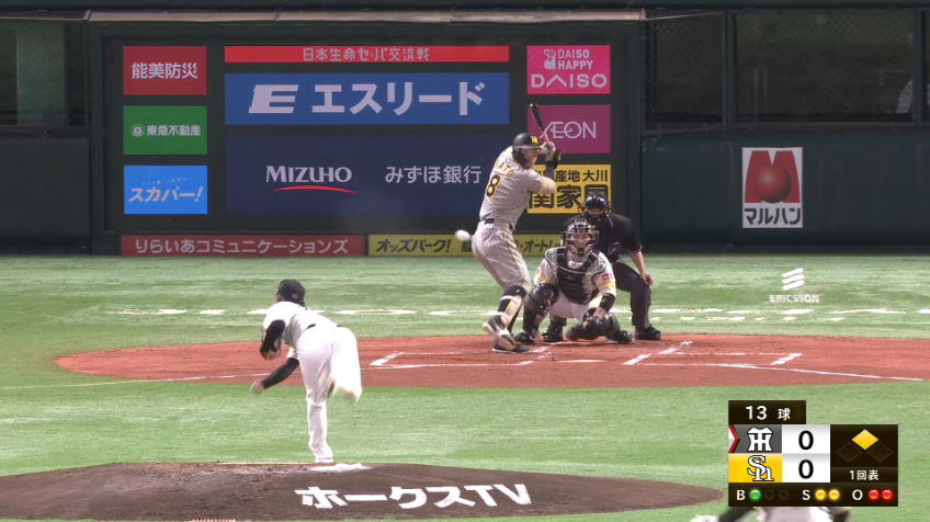 1回表・H東浜巨 渾身の変化球でズバッと空振り三振を奪う!!