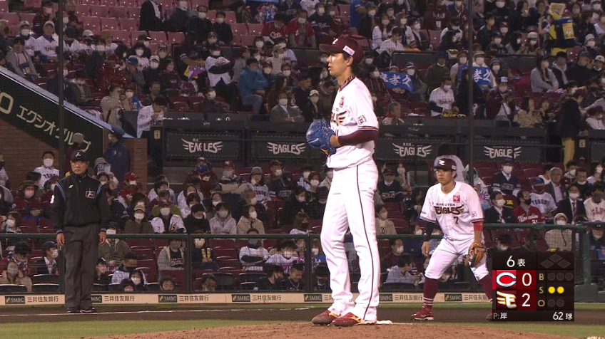 6回表・E岸孝之 3球三振!! 渾身のストレートをアウトコースいっぱいに決める!!