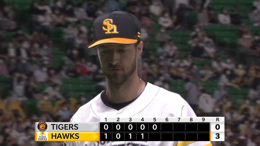 5回表・Hレイ 2アウト1,2塁の場面を空振り三振に切って取り、ピンチを脱する!!