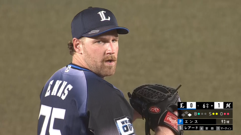 6回裏・Lエンス 6回3奪三振1失点の粘りの投球を見せる!!
