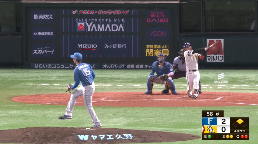 4回裏・F上沢直之 ランナー2塁のピンチで三振を奪い、ガッツポーズを見せる!!