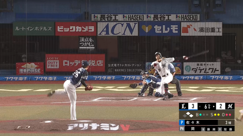 6回裏・L佐々木健 外への変化球で空振り三振を奪い火消しに成功する!!