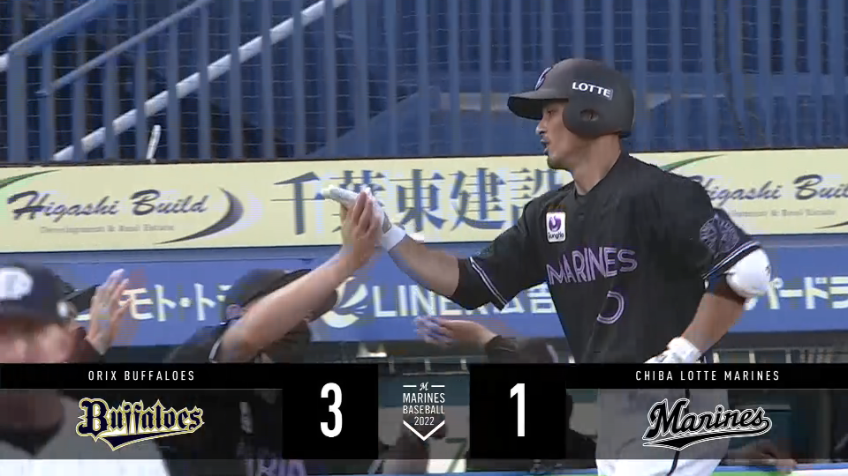 1回裏・M荻野貴司 待望の今季第1号!! 高々と上がった打球はレフトへのソロホームランとなった!!