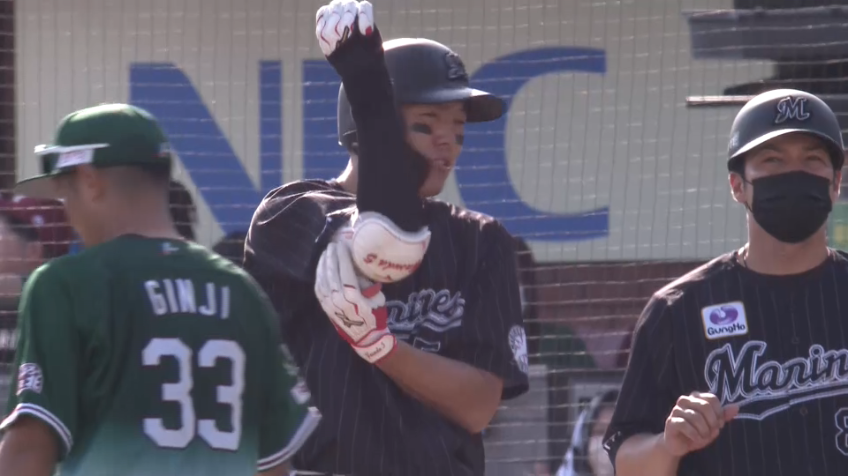 4回表・M安田尚憲 打撃好調!! 1,2塁間を抜けるタイムリーヒットを放つ!!