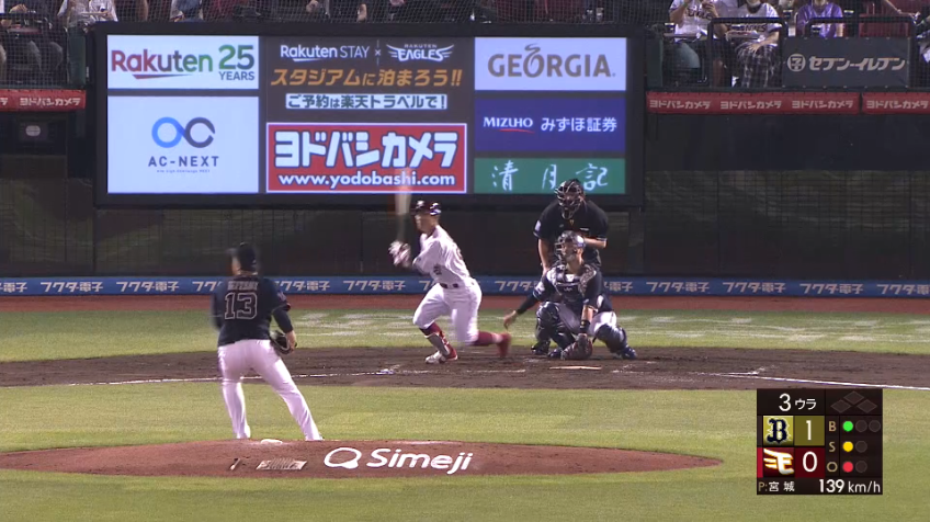 3回裏・E岡島豪郎 3塁打を放ち、送球が逸れる間に一気にホームへ生還!!