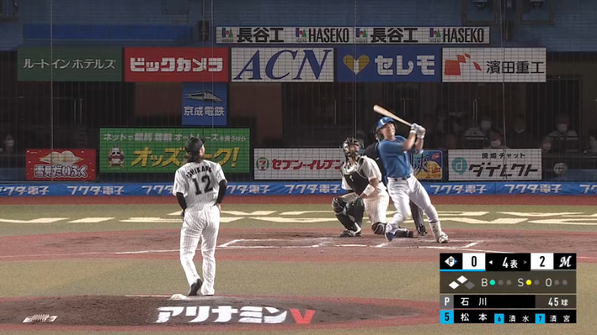 4回表・F松本剛 詰まりながらもレフト前へタイムリーヒットを放ち、点差を縮める!!