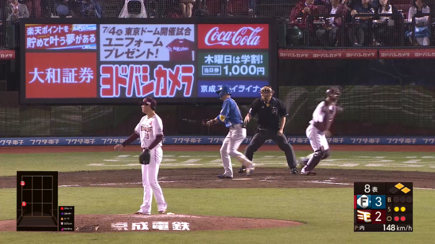 8回表・E内星龍 ランナーを背負うも空振り三振を奪う好投を見せ、無失点に抑える!!