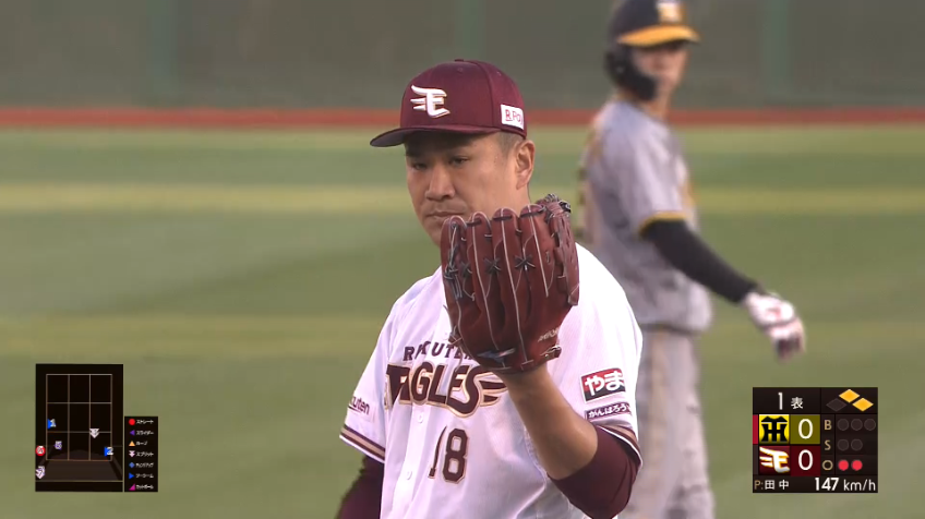 1回表・E田中将大 ピンチを招くも、力強いストレートで強打者から空振り三振を奪う!!