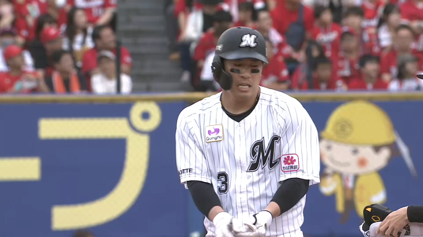 8回裏・M角中勝也 本日3打点!! 追い込まれながらもしぶとく左中間へ運んだ同点タイムリー2ベースヒット!!