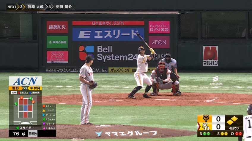 4回裏・H中村晃 逆方向へ弾き返す!! レフト前への2点タイムリーヒットで先制!!