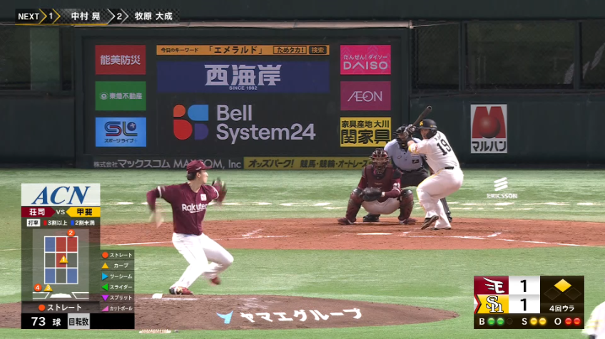 4回裏・H甲斐拓也 レフトへのタイムリーヒットで勝ち越しに成功!!